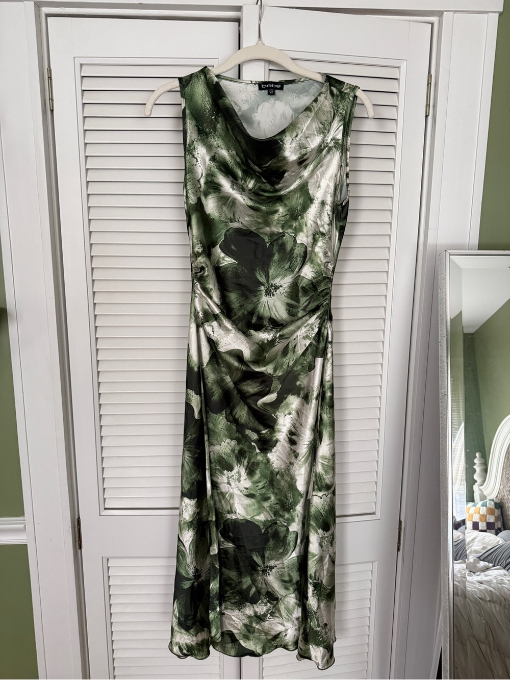 Green and White Floral Satin Midi Dress